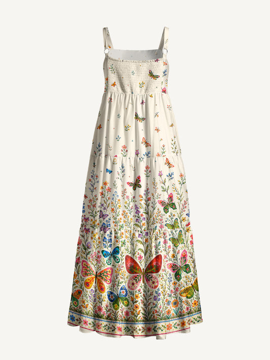 Boho Butterfly Wildflower Meadow Print Wide Straps Maxi Dress With Pockets