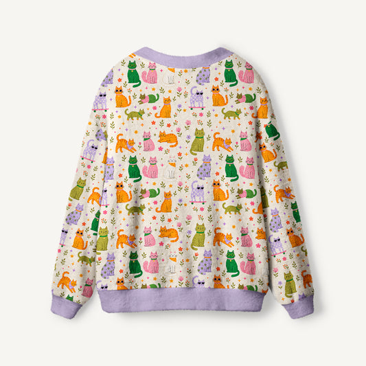 Whimsical Cat & Garden Blooms Print Ugly Cardigan Sweaters