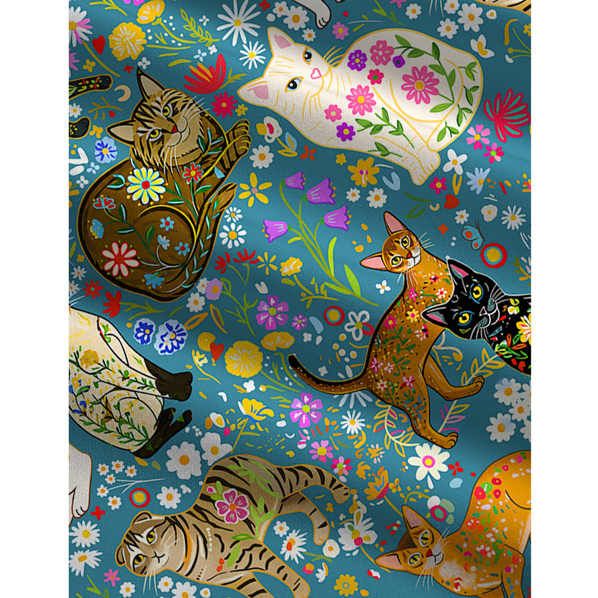 Colorful Garden Cat Pattern Boho Jumpsuit with Pockets for Women