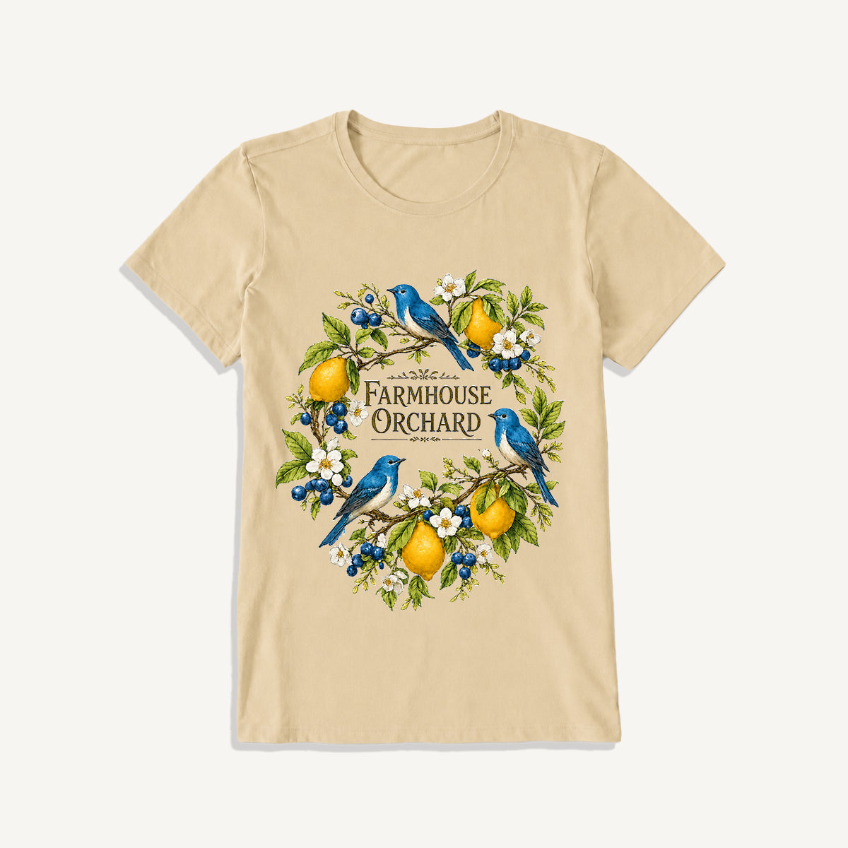 Farmhouse Orchard Bluebirds Print Crew Neck Cotton Tee