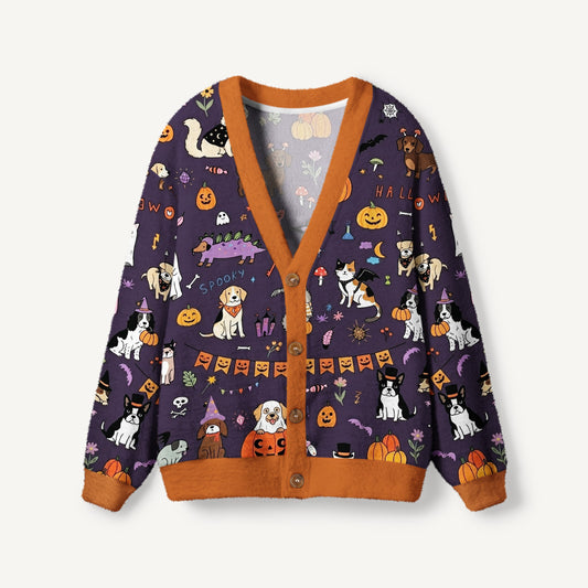 Halloween Spooky Pet Parade Print Ugly Cardigan Sweaters