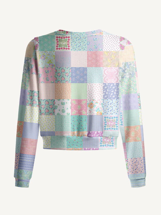 Lightweight Crew Neck Long‑Sleeve Cropped Vintage Quilt Patchwork Print Fine‑Knit Cardigan