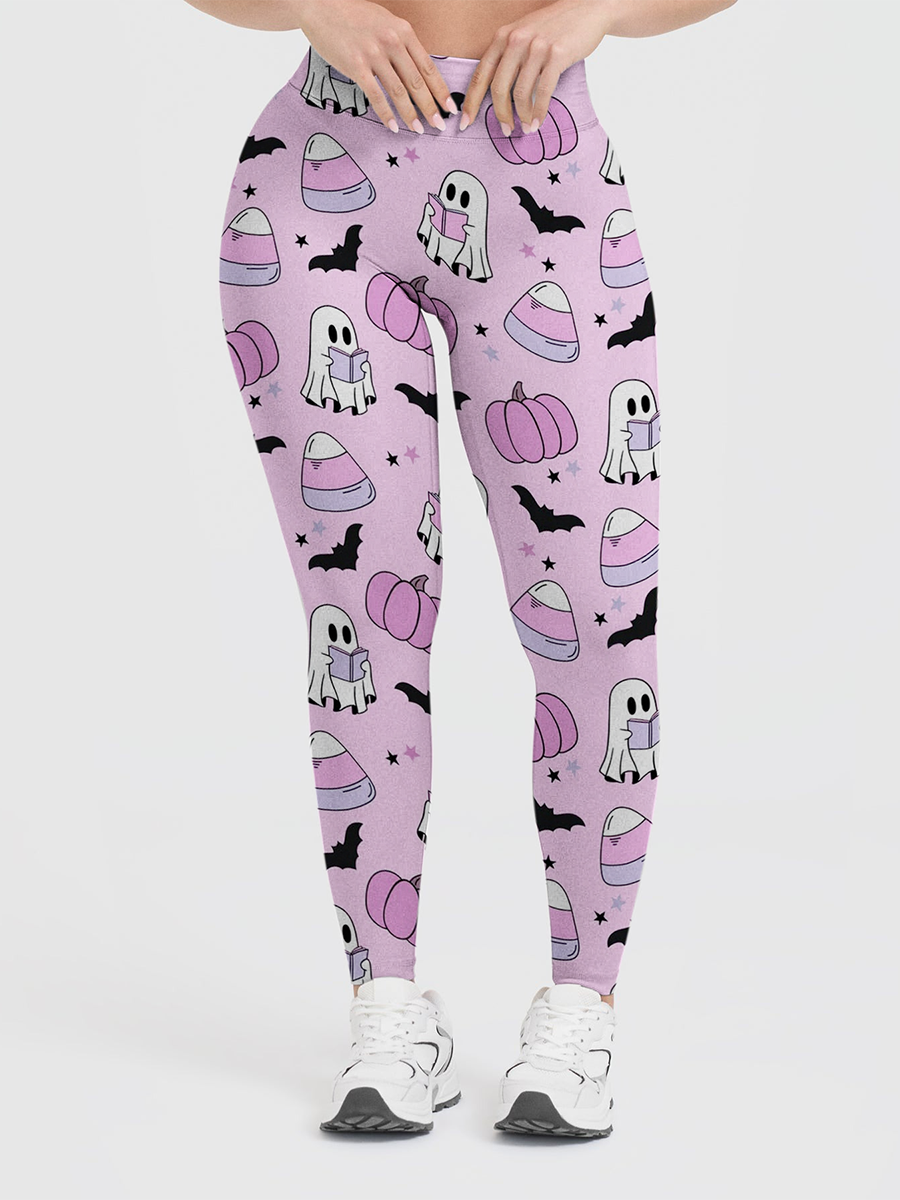 Vintage Pastel Cute Ghost Pumpkin Halloween Leggings
