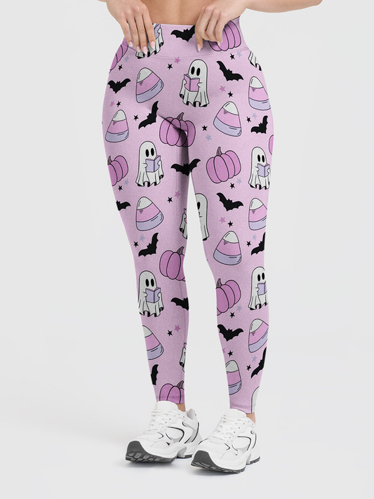Vintage Pastel Cute Ghost Pumpkin Halloween Leggings