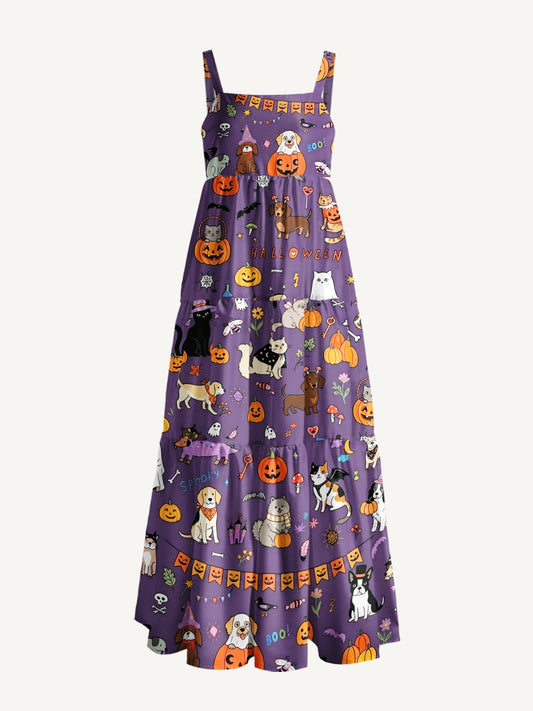 Halloween Spooky Pet Parade Print Wide Straps Maxi Dress With Pockets