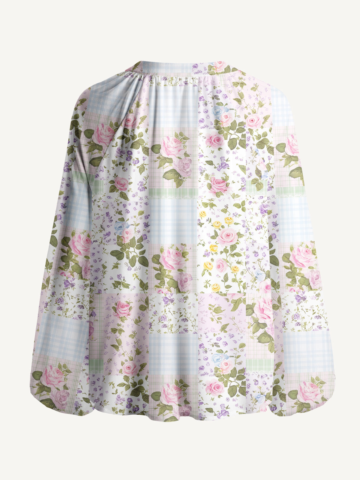 Pastel Rose Patchwok Print Boho Long Sleeve Tie‑Neck Blouse