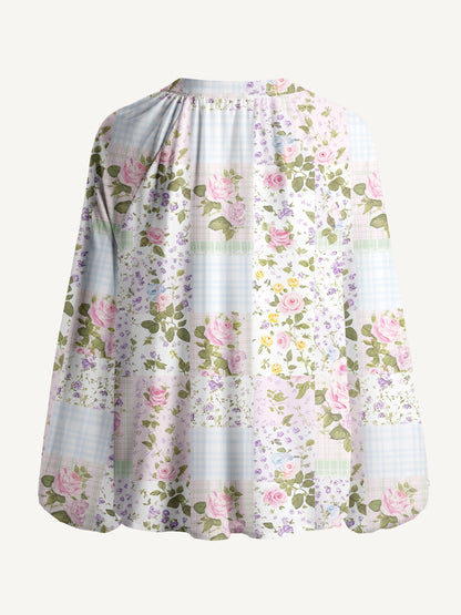 Pastel Rose Patchwok Print Boho Long Sleeve Tie‑Neck Blouse