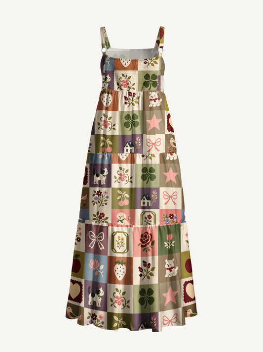 Cottage Friends Patchwork Print Wide Straps Maxi Dress With Pockets