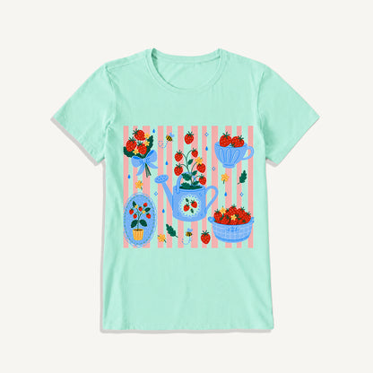 Strawberry Garden Harvest Print Crew Neck Cotton Tee