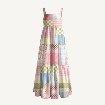 Sweet Farm Patchwork Print Wide Straps Maxi Dress With Pockets