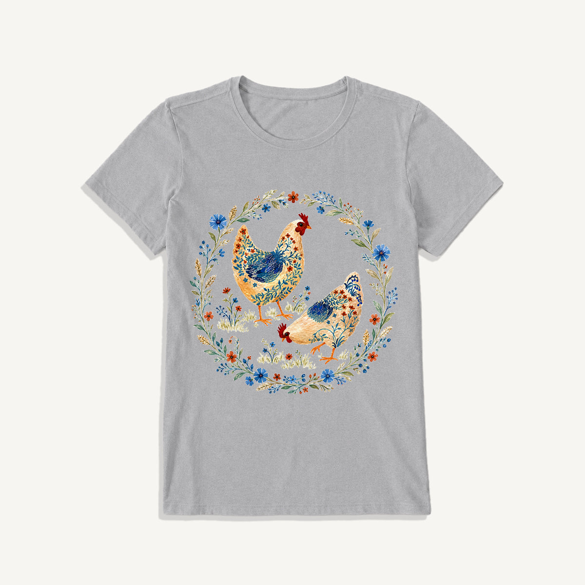 Blue Floral Hens Garden Print Crew Neck Cotton Tee
