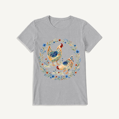 Blue Floral Hens Garden Print Crew Neck Cotton Tee
