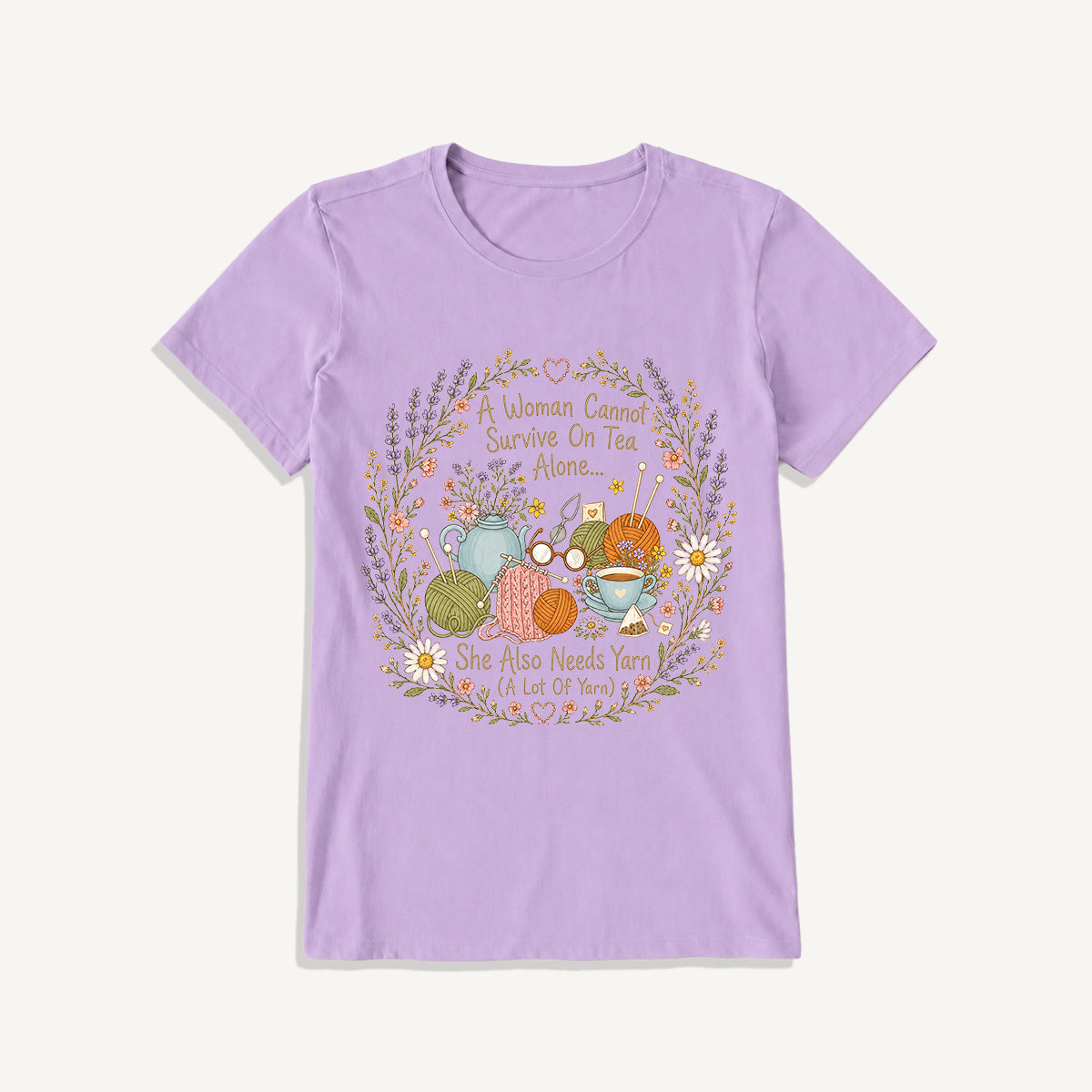 Vintage Floral Knitting Circle Print Crew Neck Cotton Tee