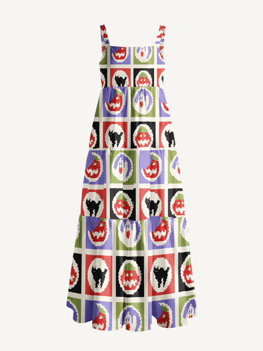 Pixel Halloween Party Patchwork Print Wide Straps Maxi Dress With Pockets
