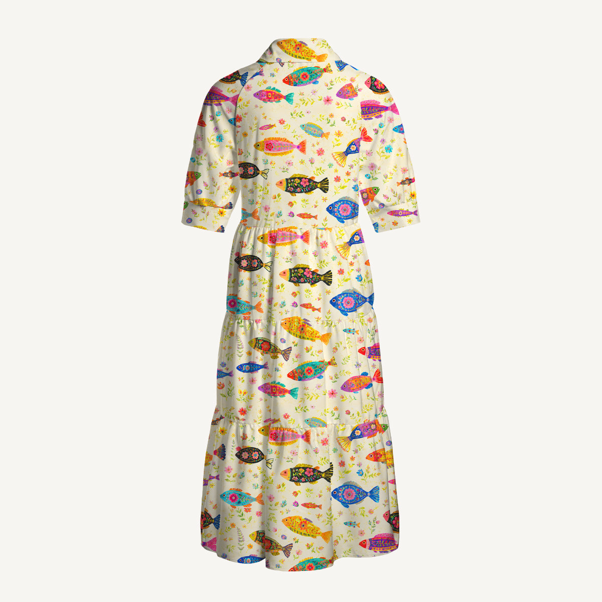 V Neck Collared Boho Colorful Fish Print Casual Midi Dress With Pockets