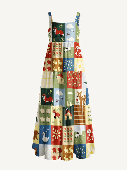 Forest Patchwork Animal Garden Print Wide Straps Maxi Dress With Pockets