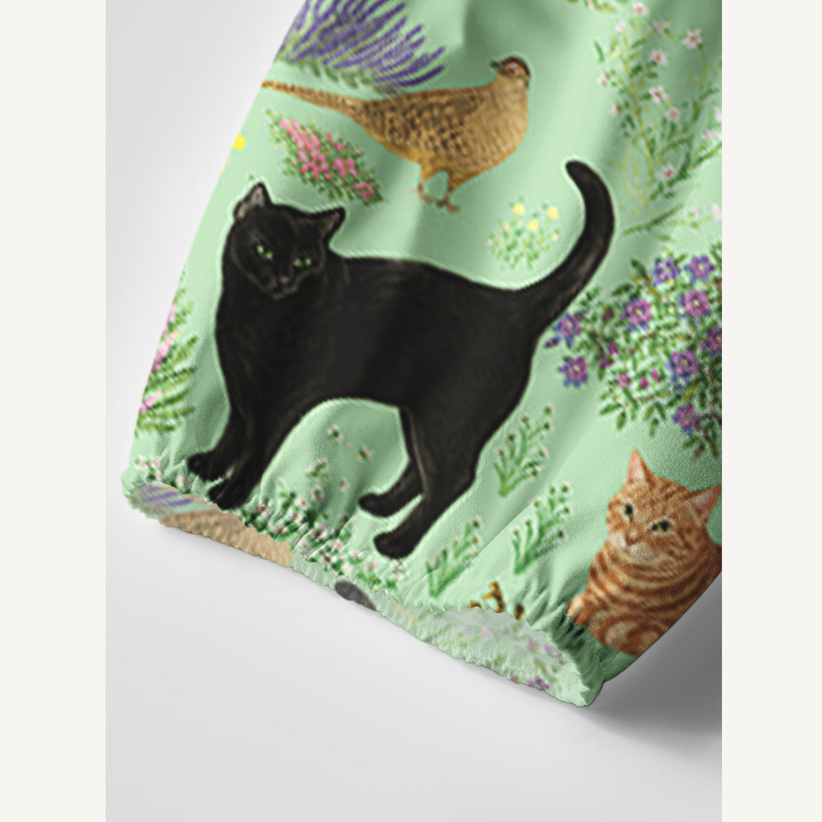 Botanical Cat Garden Print Boho Tie‑Neck Smock Mini Dress