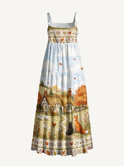 Autumn Cottage Farm Print Wide Straps Maxi Dress With Pockets
