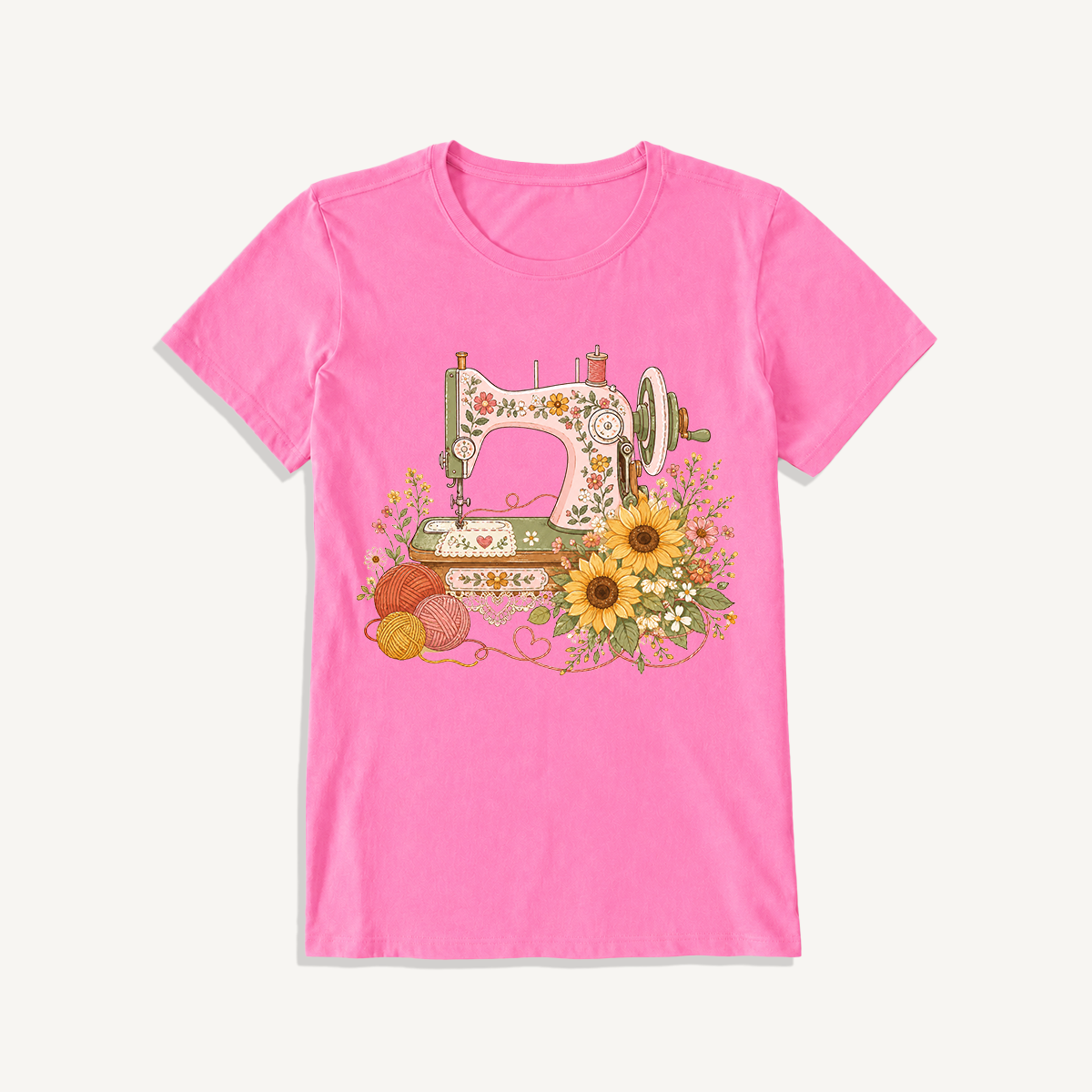 Vintage Floral Sewing Nook Print Crew Neck Cotton Tee