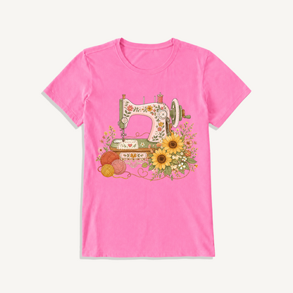 Vintage Floral Sewing Nook Print Crew Neck Cotton Tee