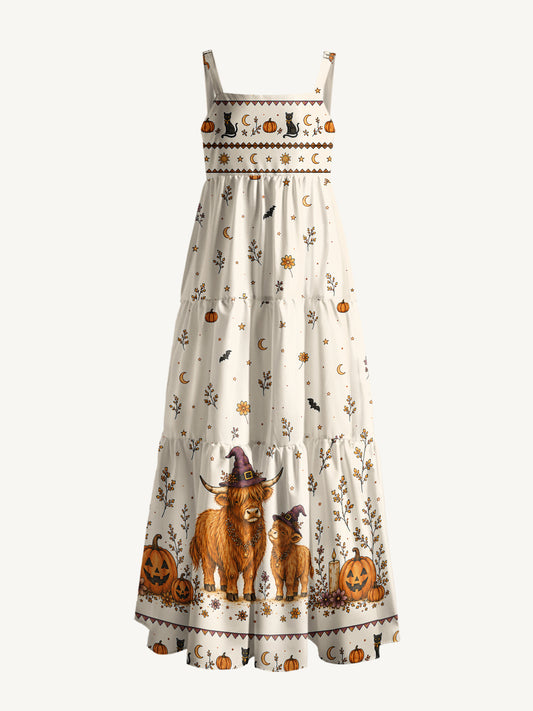 Witchy Highland Cow Harvest Print Wide Straps Maxi Dress With Pockets