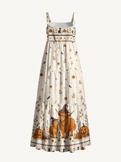 Witchy Highland Cow Harvest Print Wide Straps Maxi Dress With Pockets