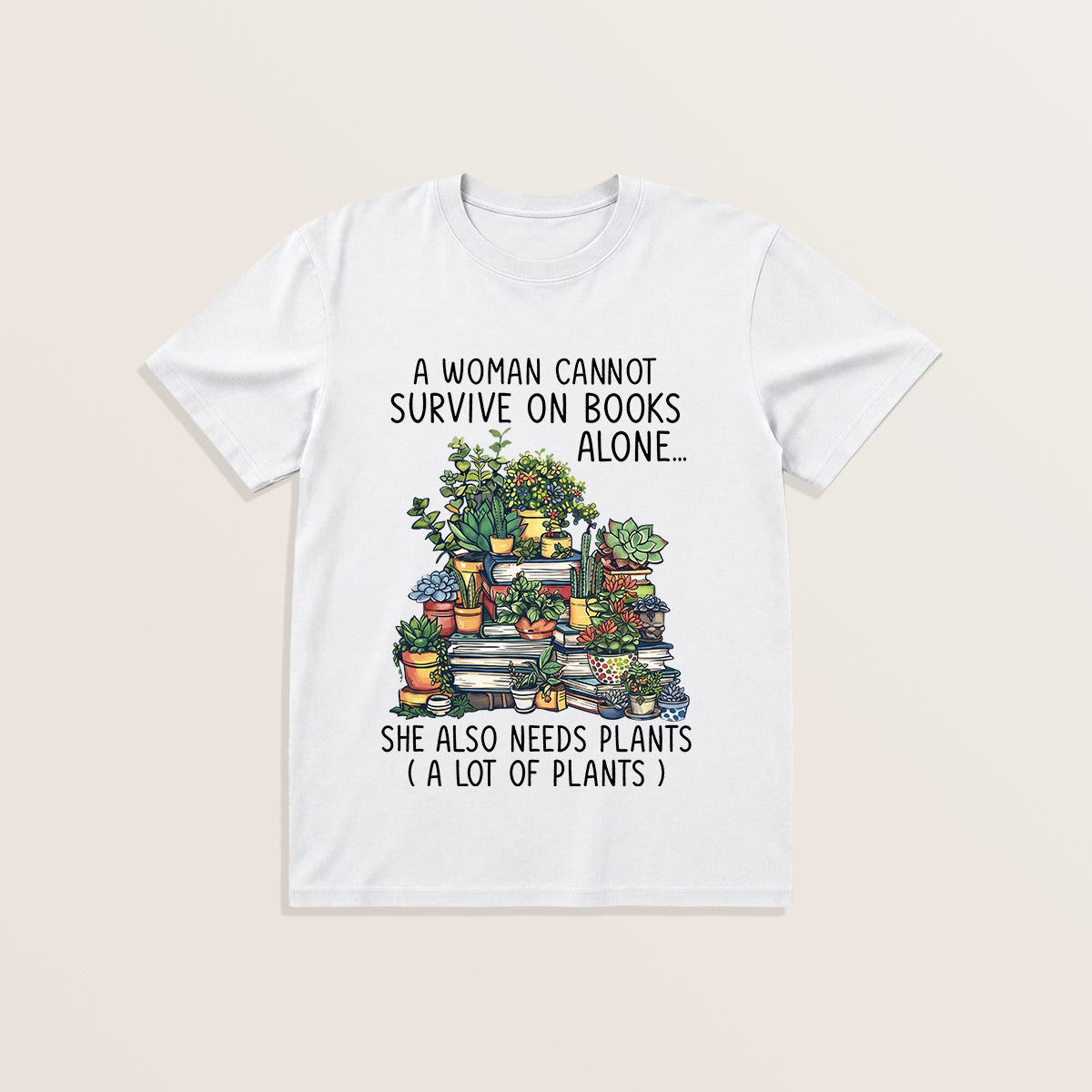 Books and Potted Plants Print Crew Neck Cotton Tee