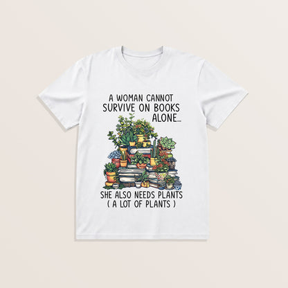 Books and Potted Plants Print Crew Neck Cotton Tee