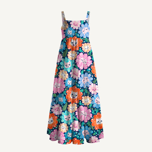 Blooming Kitty Garden Print Wide Straps Maxi Dress With Pockets