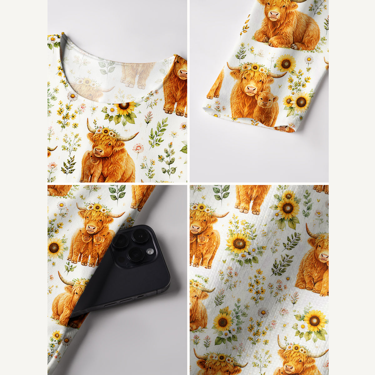 Spring Highland Cow Floral Print Soft-Touch Stretch Knit Long Sleeve Maxi Dress with Pockets