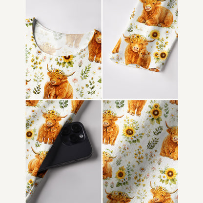 Spring Highland Cow Floral Print Soft-Touch Stretch Knit Long Sleeve Maxi Dress with Pockets