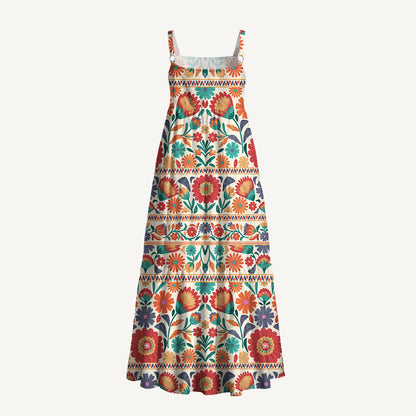 Square Neck Bohemian Folk Floral Stripe Print Wide Straps Maxi Dress With Pockets