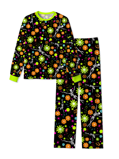 Vintage Dancing Skeleton Neon Retro Flower Halloween Pajamas