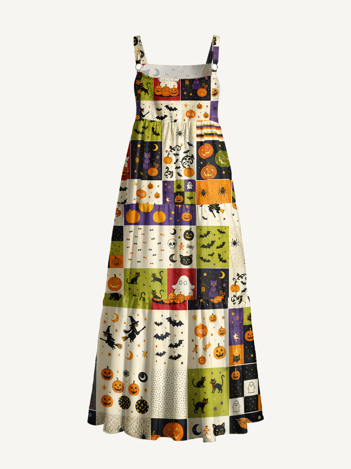 Spooky Sweet Patchwork Print Wide Straps Maxi Dress With Pockets