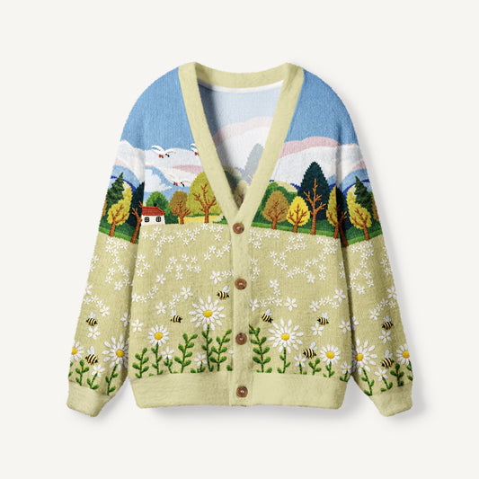 Valley Cottage Daisy & Bees Print Ugly Cardigan Sweaters
