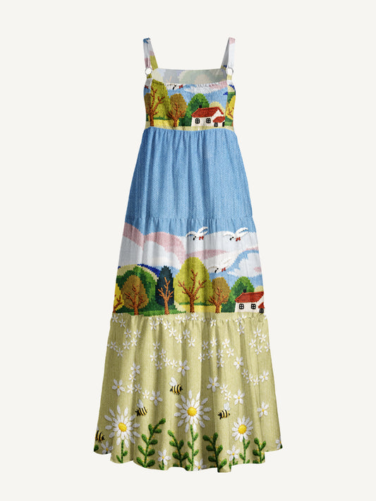Valley Cottage Daisy & Bees Print Wide Straps Maxi Dress With Pockets