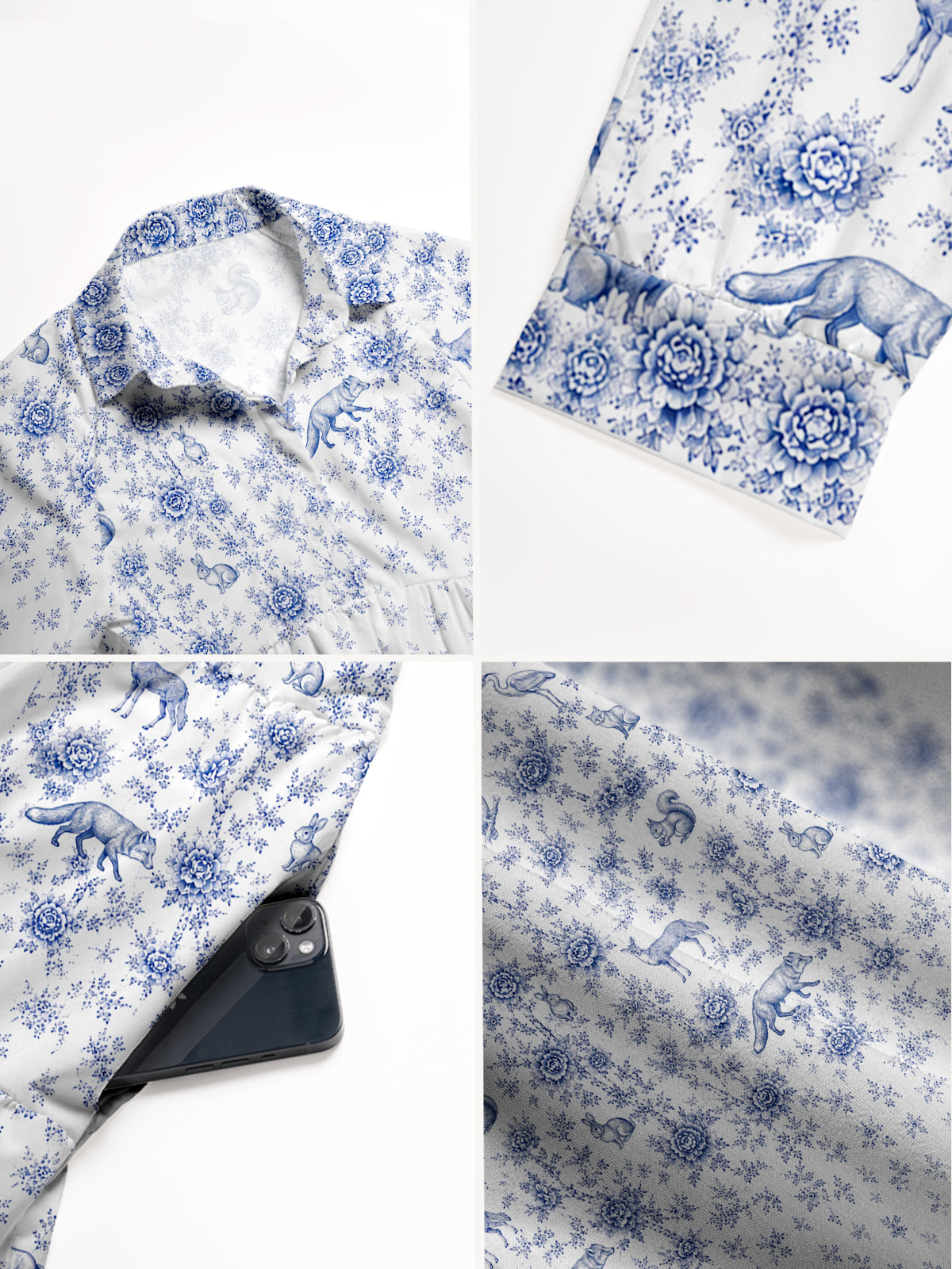 V Neck Collared Delft Blue Woodland Story Print Casual Midi Dress With Pockets