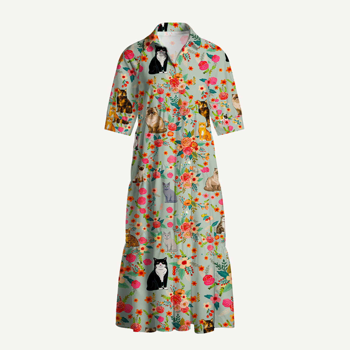 Flower Cat Midi Dress For Women With Pockets