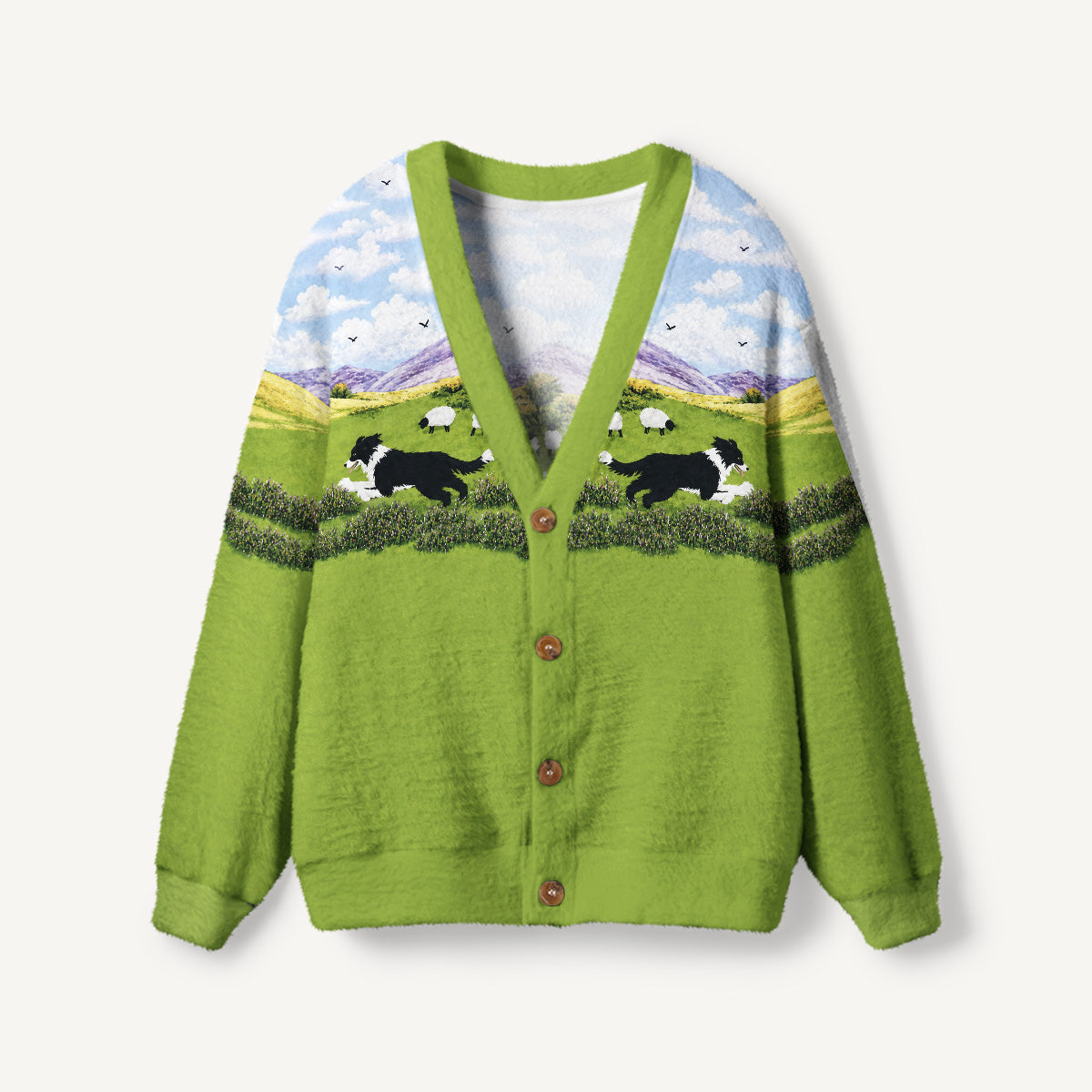 Green Meadow Sheepdog Print Ugly Cardigan Sweaters
