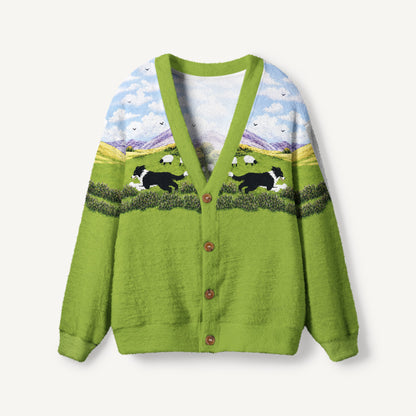 Green Meadow Sheepdog Print Ugly Cardigan Sweaters