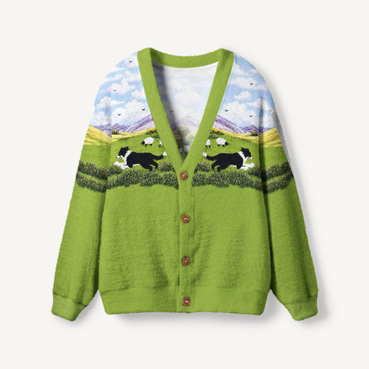 Green Meadow Sheepdog Print Ugly Cardigan Sweaters