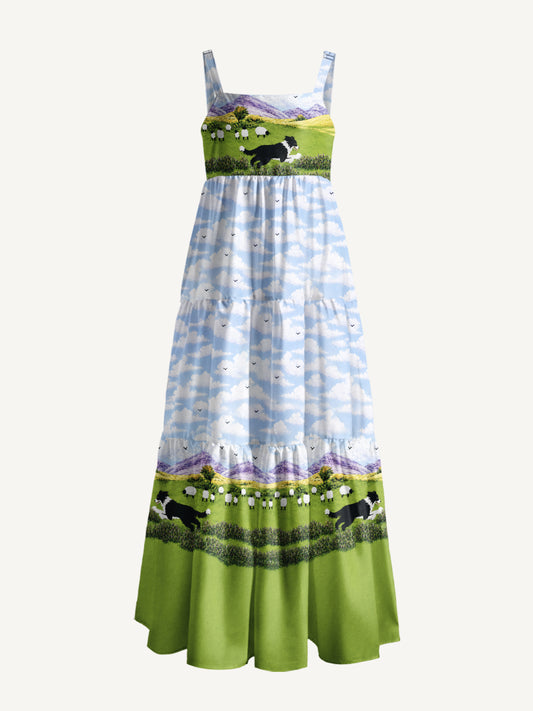 Green Meadow Sheepdog Print Wide Straps Maxi Dress With Pockets