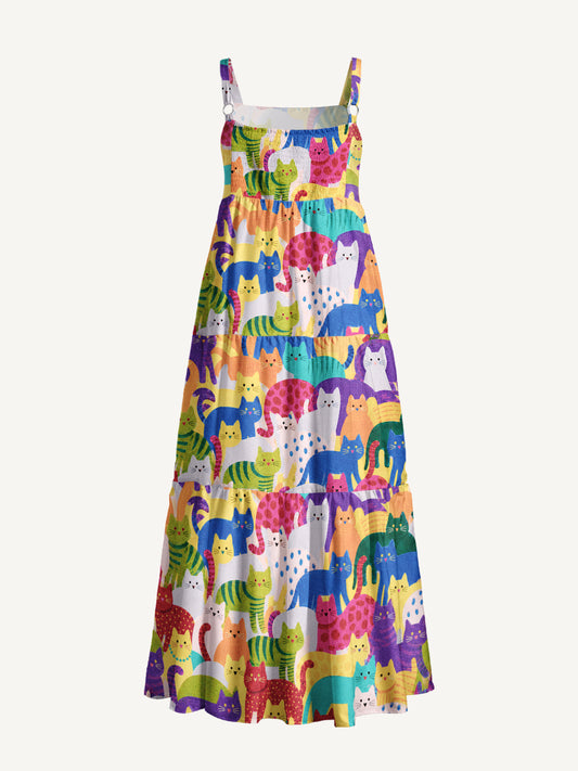 Rainbow Whimsy Cat Print Wide Straps Maxi Dress With Pockets