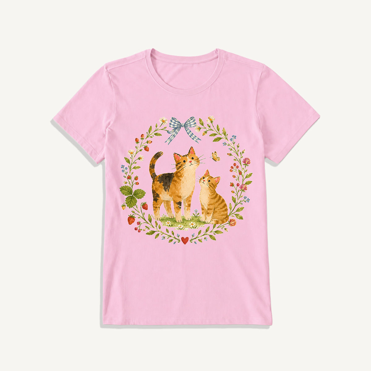 Strawberry Garden Cats Print Crew Neck Cotton Tee