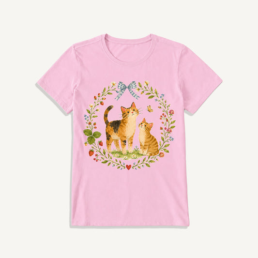 Strawberry Garden Cats Print Crew Neck Cotton Tee