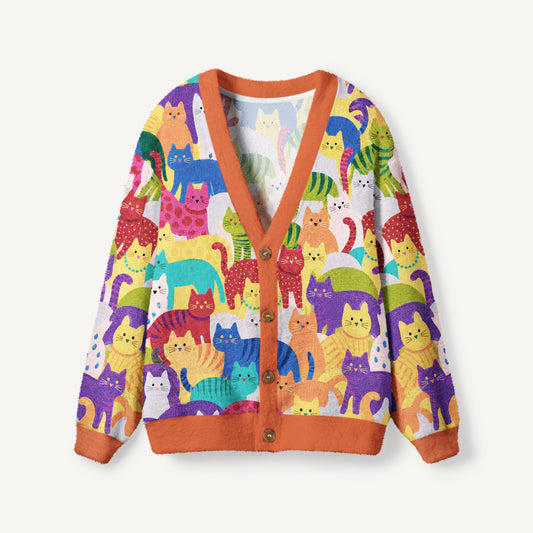 Rainbow Whimsy Cat Print Ugly Cardigan Sweaters