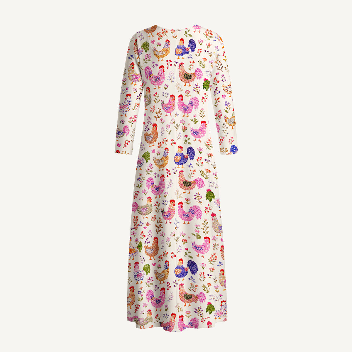 Colorful Farm Chickens Print Soft-Touch Stretch Knit Long Sleeve Maxi Dress with Pockets