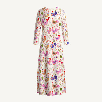 Colorful Farm Chickens Print Soft-Touch Stretch Knit Long Sleeve Maxi Dress with Pockets