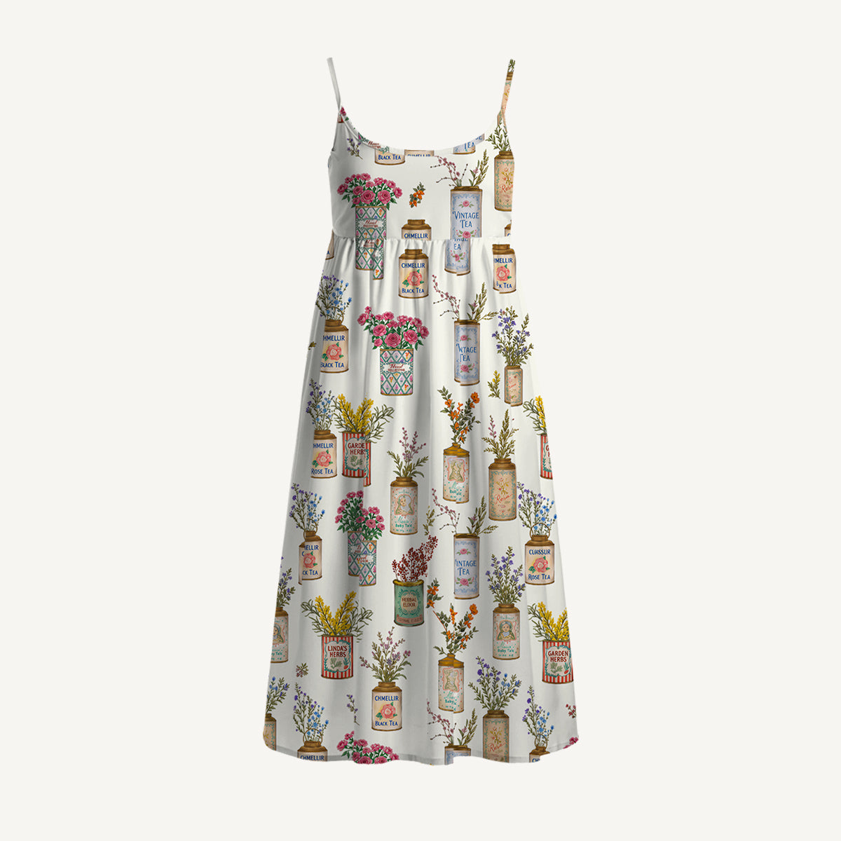 Vintage Tea Cans Print Spaghetti Strap Mini Dress