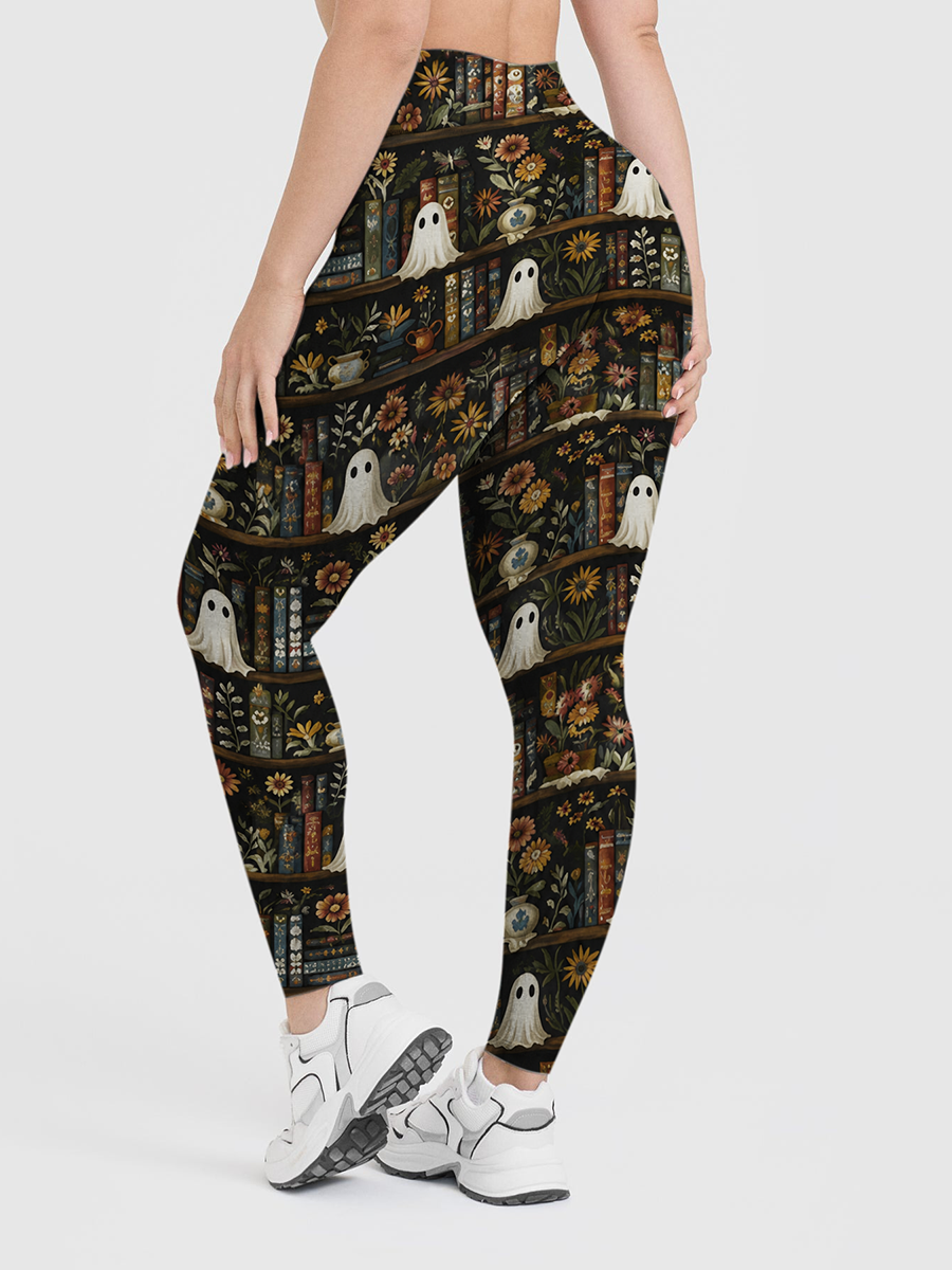 Vintage Tiered Bookshelf Fall Flower Ghost Leggings